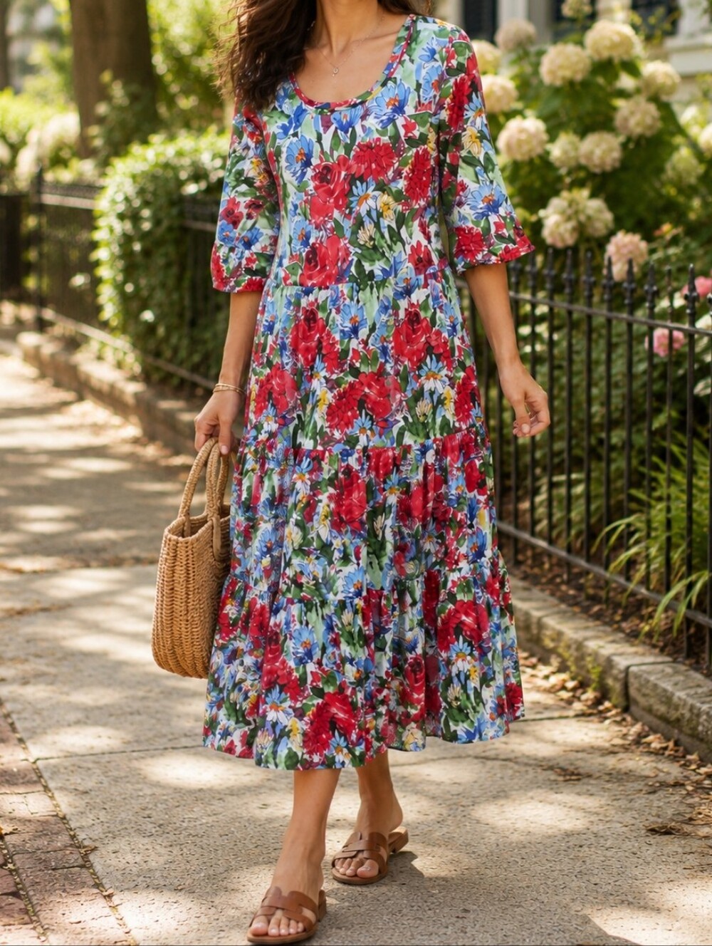 Dress Addict 100% Cotton Red Green Floral Tiered Scoop Neck Midi Dress
